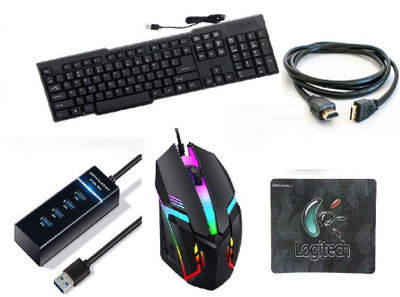 Adefex Gaming Combo Wired Keyboard | Mouse | Mouse Pad | 4-Port USB Hub | HDMI cable Combo Set(Black)