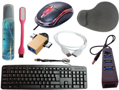 ANJO Wired Keyboard & Mouse-Wrist Pad-Hub 2.0-Cleaner-2in1 OTG-Ext Cable-LED Combo Set(Black)