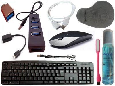 ANJO Wired Keyboard-Wireless Mouse-Wrist Pad-Hub 2.0-Cleaner-OTG C&M-Ext Cable-LED Combo Set(Black)