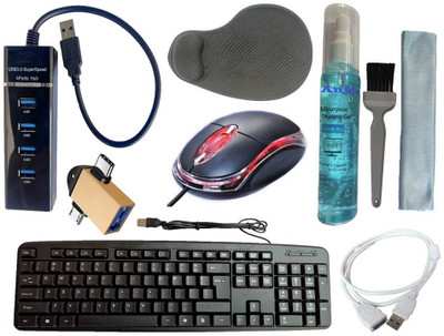 ANJO Wired Keyboard & Mouse-Wrist Pad-Hub 3.0-3in1 Cleaner-2in1 OTG C&M-Ext Cable 1.5 Combo Set(Black)