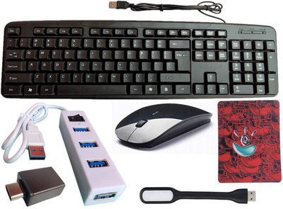 ANJO Wired Keyboard-Wireless Mouse-Mouse Pad-USB Hub 2.0-OTG C Type-LED Combo Set(Black)