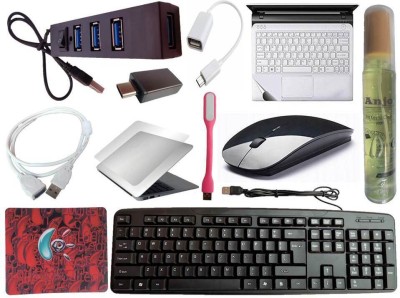 ANJO Wired Keyboard-Wireless Mouse-Pad-Hub 2.0-Cleaner-OTG C&M-Ext Cable-LED-Skin Combo Set(Black)