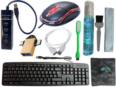 ANJO Wired Keyboard & Mouse-Pad-USB Hub 3.0-3in1 Cleaner-2in1 OTG-Ext Cable-LED Combo Set(Black)