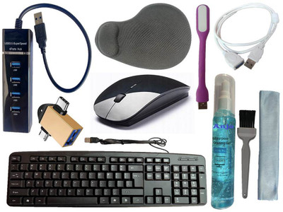 ANJO Keyboard-Wireless Mouse-Wrist Pad-Hub 3.0-3in1 Cleaner-2in1 OTG-Ext Cable-LED Combo Set(Black)