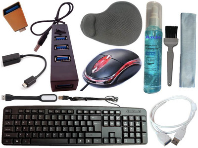 ANJO Wired Keyboard-Wired Mouse-Wrist Pad-Hub 2.0-3in1 Cleaner-OTG C&M-Ext Cable-LED Combo Set(Black)