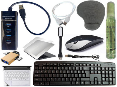 ANJO Wired Keyboard-Wireless Mouse-Wrist Pad-Hub 3.0-Cleaner-2in1 OTG-Ext-LED-Skin Combo Set(Black)