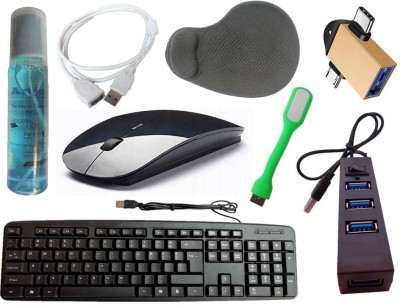 ANJO Wired Keyboard-Wireless Mouse-Wrist Pad-Hub 2.0-Cleaner-2in1 OTG-Ext Cable-LED Combo Set(Black)
