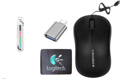 Mophonics Wired Mouse, MousePad, C-OTG & Cable Protector (Set of 4) Combo Set(White, Black, Multicolor)