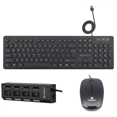 ZEBRONICS K24 Wired Keyboard + Power Mouse + 150HB USB HUB Combo Set(Black)