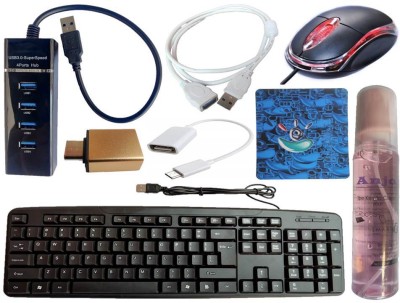 ANJO Wired Keyboard-Wired Mouse-Pad-USB Hub 3.0-Cleaner-OTG C&Micro-Ext Cable 1.5m Combo Set(Black)