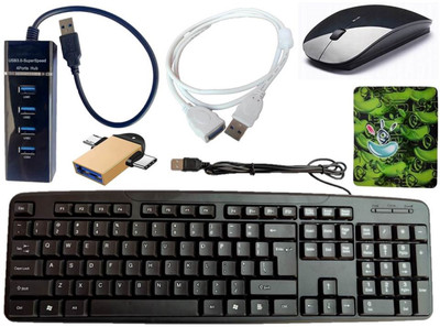 ANJO Wired Keyboard-Wireless Mouse-Pad-USB Hub 3.0-2in1 OTG C&Micro-Ext Cable 1.5m Combo Set(Black)