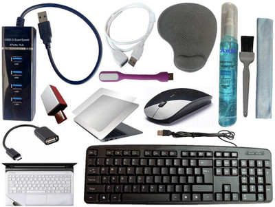ANJO Keyboard-Wireless Mouse-Wrist Pad-Hub 3.0-3in1 Cleaner-OTG C&M-Ext-LED-Skin Combo Set(Black)