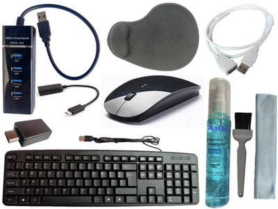 ANJO Wired Keyboard-Wireless Mouse-Wrist Pad-Hub 3.0-3in1 Cleaner-OTG C&M-Ext Cable Combo Set(Black)