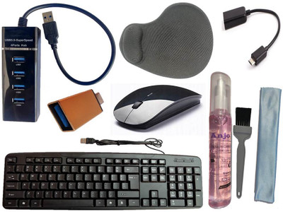 ANJO Wired Keyboard-Wireless Mouse-Wrist Pad-Hub 3.0-Cleaning Kit 3in1-OTG C&Micro Combo Set(Black)