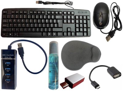 ANJO Wired Keyboard-Wired Mouse-Wrist Pad-Hub 3.0-Cleaner & Cloth-OTG C&Micro Combo Set(Black)
