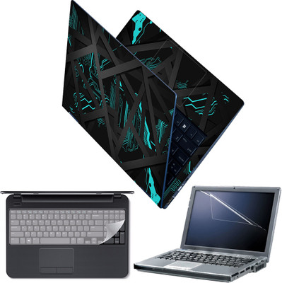 FineArts Laptop Skin Combo with Screen Guard and Key Guard - Grey Bars on Cyan Circuit Combo Set(Multicolor)