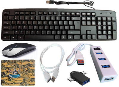 ANJO Wired Keyboard-Wireless Mouse-Pad-USB Hub 2.0-2in1 OTG C&Micro-Ext Cable 1.5m Combo Set(Black)