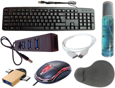 ANJO Wired Keyboard-Wired Mouse-Wrist Pad-Hub 2.0-Cleaner-2in1 OTG C&M-Ext Cable 1.5m Combo Set(Black)