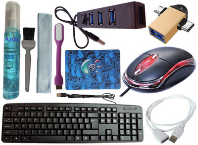 ANJO Wired Keyboard & Mouse-Pad-Hub2.0-3in1 Cleaner-2in1 OTG-Ext Cable-LED Combo Set(Black)