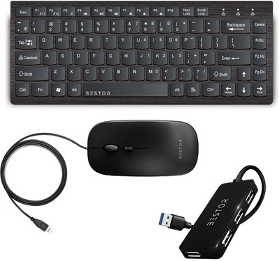 Bestor 3-in-1 Combo USB Wired Keyboard, 1000 DPI Mouse & 4-Port USB Hub for PC/Laptop Combo Set(Black)