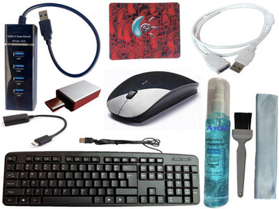 ANJO Wired Keyboard-Wireless Mouse-Pad-USB Hub3.0-3in1 Cleaner-OTG C&Micro-Ext Cable Combo Set(Black)