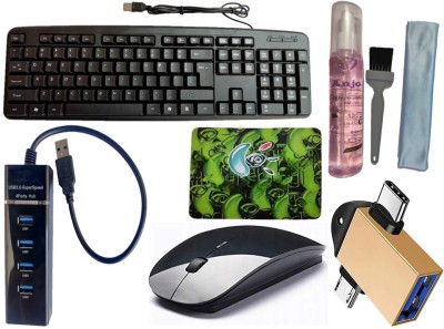 ANJO Wired Keyboard-Wireless Mouse-Pad-USB Hub 3.0-3N1Cleaning Kit-OTG 2N1C & M Combo Set(Black)