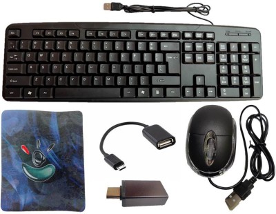 ANJO USB Wired Keyboard, LED Mouse, Mouse Pad, OTG Type C & Micro OTG 5 in 1 Combo Set(Black)