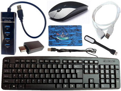 ANJO Wired Keyboard-Wireless Mouse-Pad-USB Hub 3.0-OTG C Type-Ext Cable 1.5m-LED Combo Set(Black)