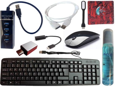 ANJO Wired Keyboard-Wireless Mouse-Pad-USB Hub 3.0-Cleaner-OTG C&M-Ext Cable-LED Combo Set(Black)