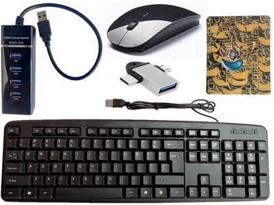 ANJO Wired Keyboard-Wireless Mouse-Mouse Pad-USB Hub 3.0-2 in 1 OTG C & Micro Type Combo Set(Black)