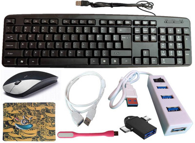 ANJO Wired Keyboard-Wireless Mouse-Pad-USB Hub2.0-2in1 OTG Type C&Micro-Ext Cable-LED Combo Set(Black)