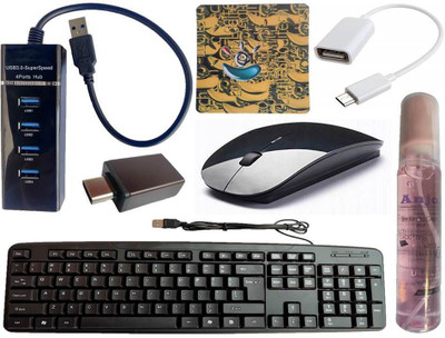 ANJO Wired Keyboard-Wireless Mouse-Pad-USB Hub 3.0-Cleaner-OTG C&Micro Combo Set(Black)