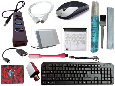 ANJO Wired Keyboard-Wireless Mouse-Pad-Hub 2.0-3in1 Cleaner-OTG C&M-Ext-LED-Skin Combo Set(Black)