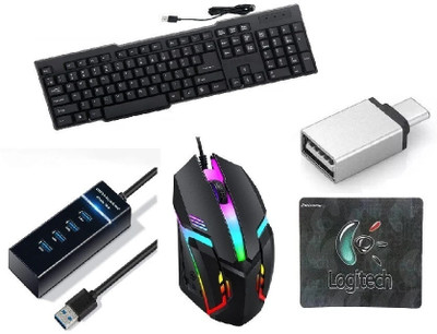 Adefex Gaming Wired Keyboard, Mouse, Mouse Pad, 4-Port USB Hub Led Design and OTG Combo Set(Black)
