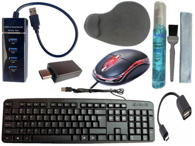 ANJO Wired Keyboard-Wired Mouse-Wrist Pad-Hub 3.0-Cleaning Kit 3in1-OTG C&Micro Combo Set(Black)