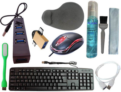 ANJO Wired Keyboard-Wired Mouse-Wrist Pad-Hub 2.0-3in1 Cleaner-2in1 OTG-Ext Cable-LED Combo Set(Black)
