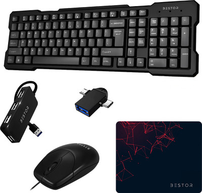 Bestor Set of 5 Combo,USB Wired Keyboard,Wire Mouse,Mouse Pad, Otg Adapter,4port HUB Combo Set(Black)