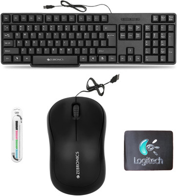 ZEBRONICS K20 Keyboard, Comfort Mouse, MousePad,Cable Protector (Set of 4). Combo Set(Multicolor)