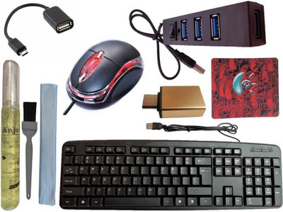 ANJO Wired Keyboard-Wired Mouse-Mouse Pad-Hub2.0-Cleaning Kit 3in1-OTG C&Micro Combo Set(Black)