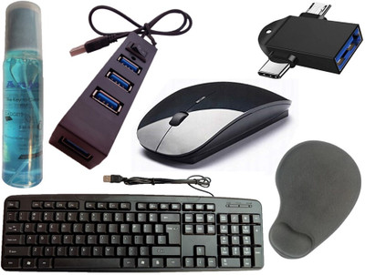 ANJO Wired Keyboard-Wireless Mouse-Wrist Pad-Hub 2.0-Cleaner-OTG 2N1Type C & Micro Combo Set(Black)