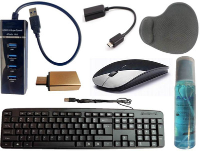ANJO Wired Keyboard-Wireless Mouse-Wrist Pad-Hub 3.0-Cleaner & Cloth-OTG C&Micro Combo Set(Black)