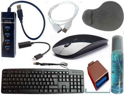 ANJO Wired Keyboard-Wireless Mouse-Wrist Pad-Hub 3.0-Cleaner-OTG C&M-Ext Cable 1.5m Combo Set(Black)