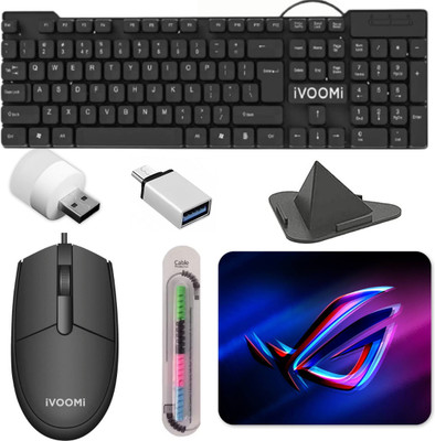 Henture 7 Keyboard Mouse with Usb Light, OTG, Mobile Stand and Cable protector Combo Set(Black)