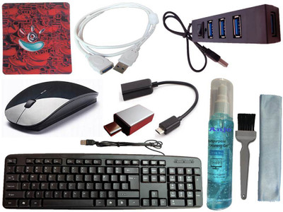 ANJO Wired Keyboard-Wireless Mouse-Pad-Hub 2.0-3in1 Cleaner-OTG C&M-Ext Cable 1.5m Combo Set(Black)