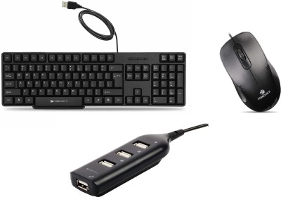 ZEBRONICS K20 Wired Keyboard + Power Plus Wired Mouse + 90HB USB HUB Combo Set(Black)
