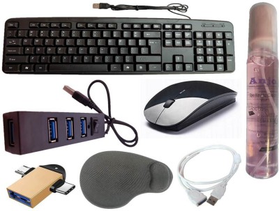 ANJO Wired Keyboard-Wireless Mouse-Wrist Pad-Hub 2.0-Cleaner-2in1 OTG-Ext Cable 1.5m Combo Set(Black)