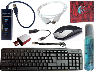 ANJO Wired Keyboard-Wireless Mouse-Pad-USB Hub3.0-Cleaner-OTG C&Micro-Ext Cable 1.5m Combo Set(Black)