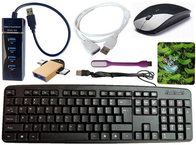 ANJO Wired Keyboard-Wireless Mouse-Pad-USB Hub3.0-2in1 OTG Type C&Micro-Ext Cable-LED Combo Set(Black)