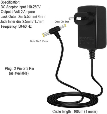 2fortheroad 90002 SMPS DC Power Adapter Supply Output 5 Volt 2 Amp. (5.5mm/4mm Jack 50-60Hz) 5 W Adapter(Power Cord Included)