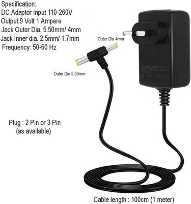 2fortheroad 90005 SMPS DC Power Adapter Supply Output 9 Volt 1 Amp. (5.5mm/4mm Jack 50-60Hz) 9 W Adapter(Power Cord Included)